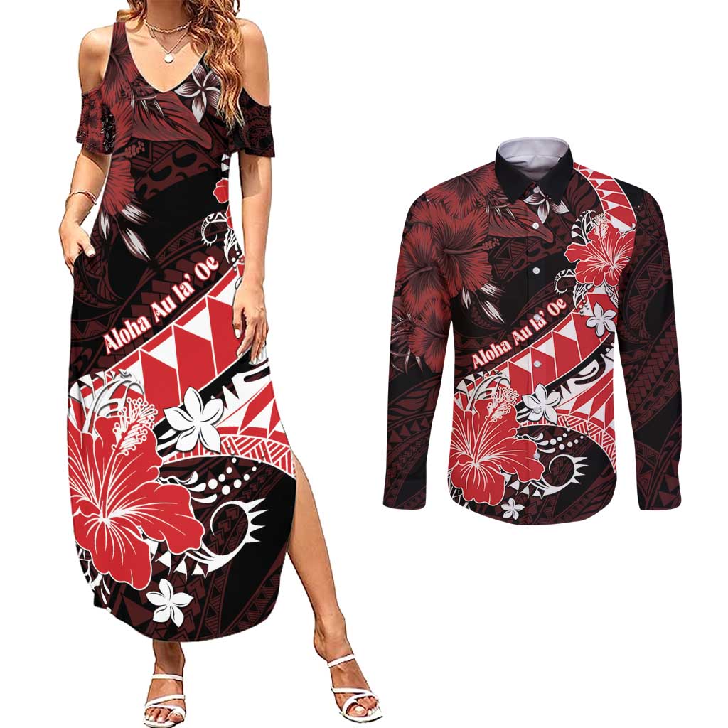 Personalised Hawaii Valentine Day Couples Matching Summer Maxi Dress and Long Sleeve Button Shirt Polynesian Hibiscus Art Style Red