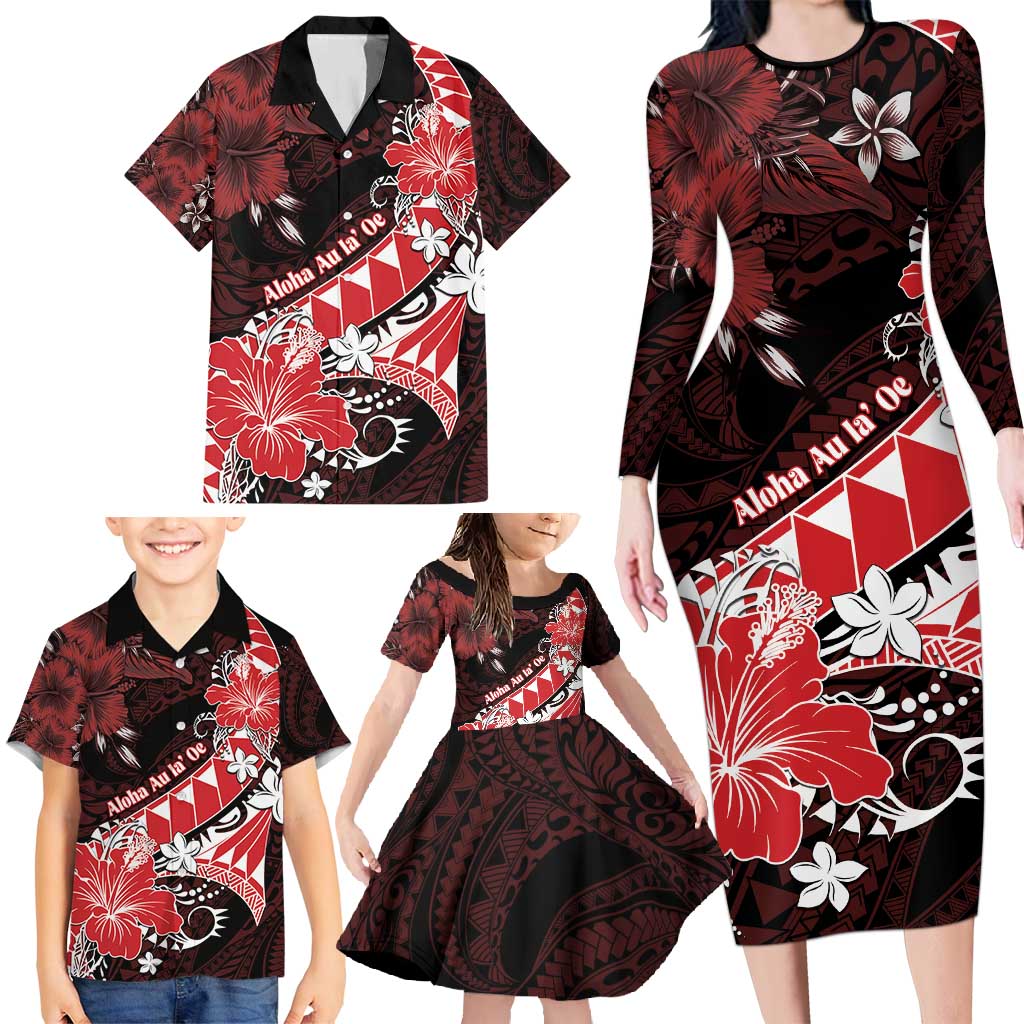 Personalised Hawaii Valentine Day Family Matching Long Sleeve Bodycon Dress and Hawaiian Shirt Polynesian Hibiscus Art Style Red