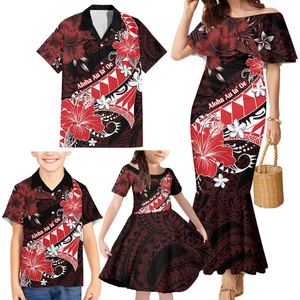 Personalised Hawaii Valentine Day Family Matching Mermaid Dress and Hawaiian Shirt Polynesian Hibiscus Art Style Red