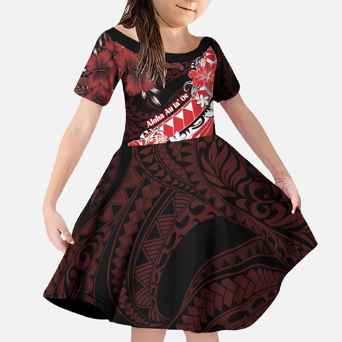 Personalised Hawaii Valentine Day Family Matching Off The Shoulder Long Sleeve Dress and Hawaiian Shirt Polynesian Hibiscus Art Style Red