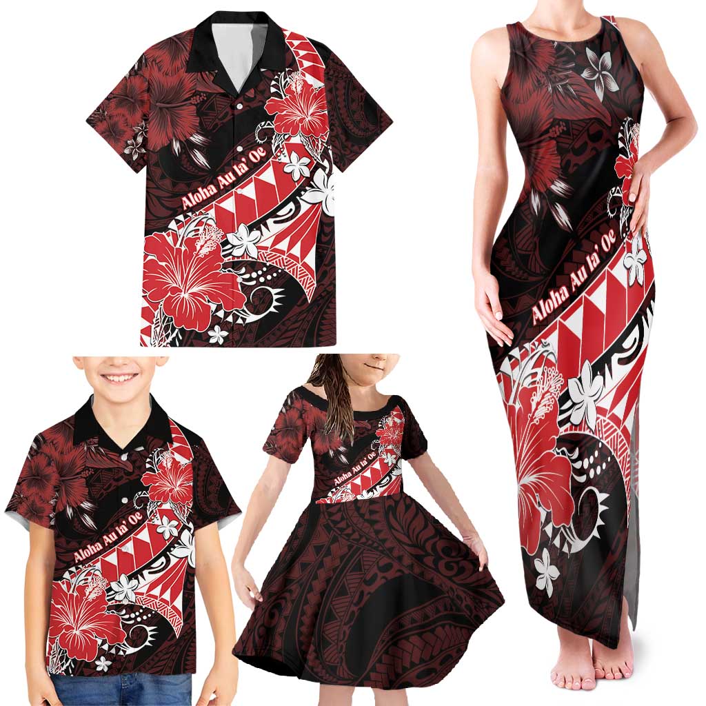 Personalised Hawaii Valentine Day Family Matching Tank Maxi Dress and Hawaiian Shirt Polynesian Hibiscus Art Style Red