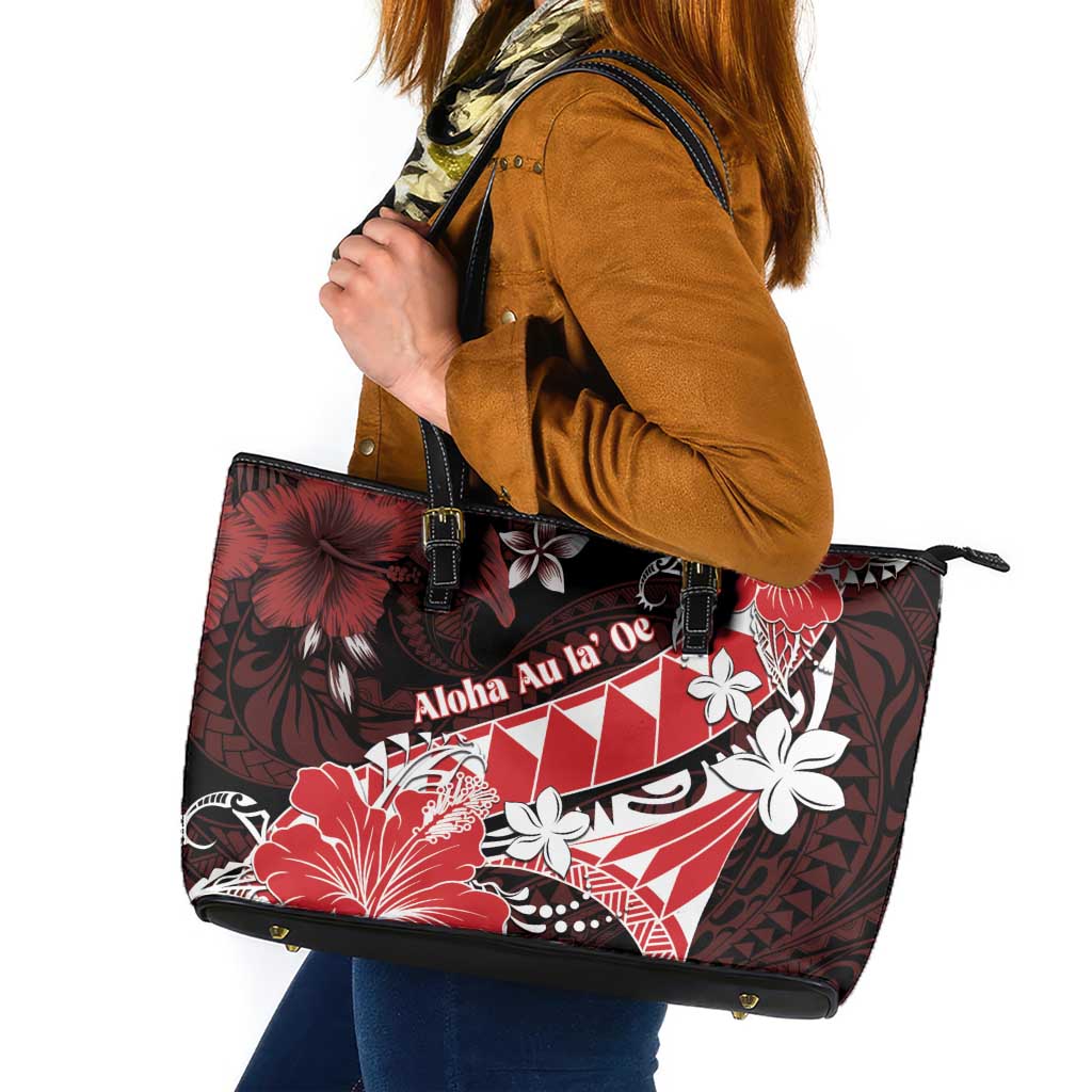 Hawaii Valentine Day Leather Tote Bag Polynesian Hibiscus Art Style Red