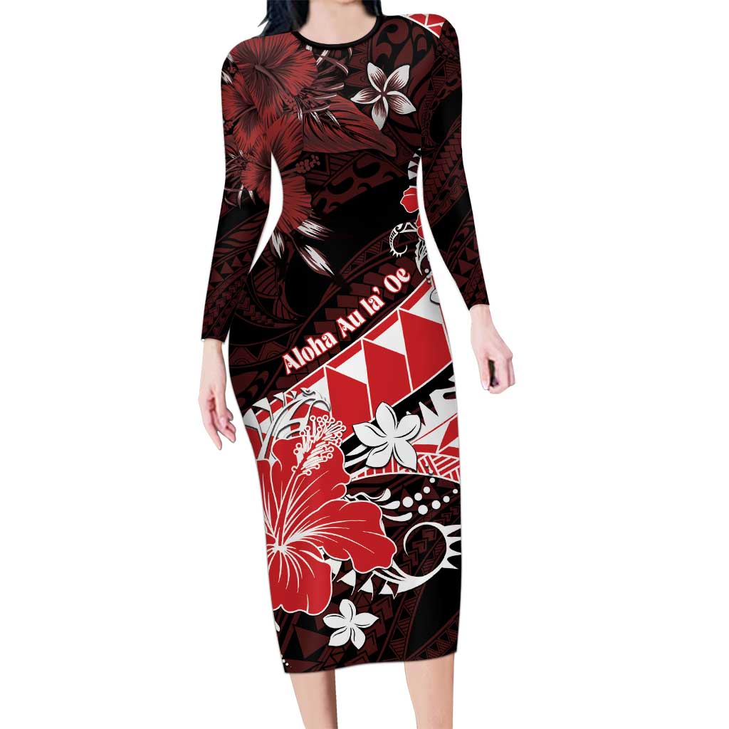 Personalised Hawaii Valentine Day Long Sleeve Bodycon Dress Polynesian Hibiscus Art Style Red