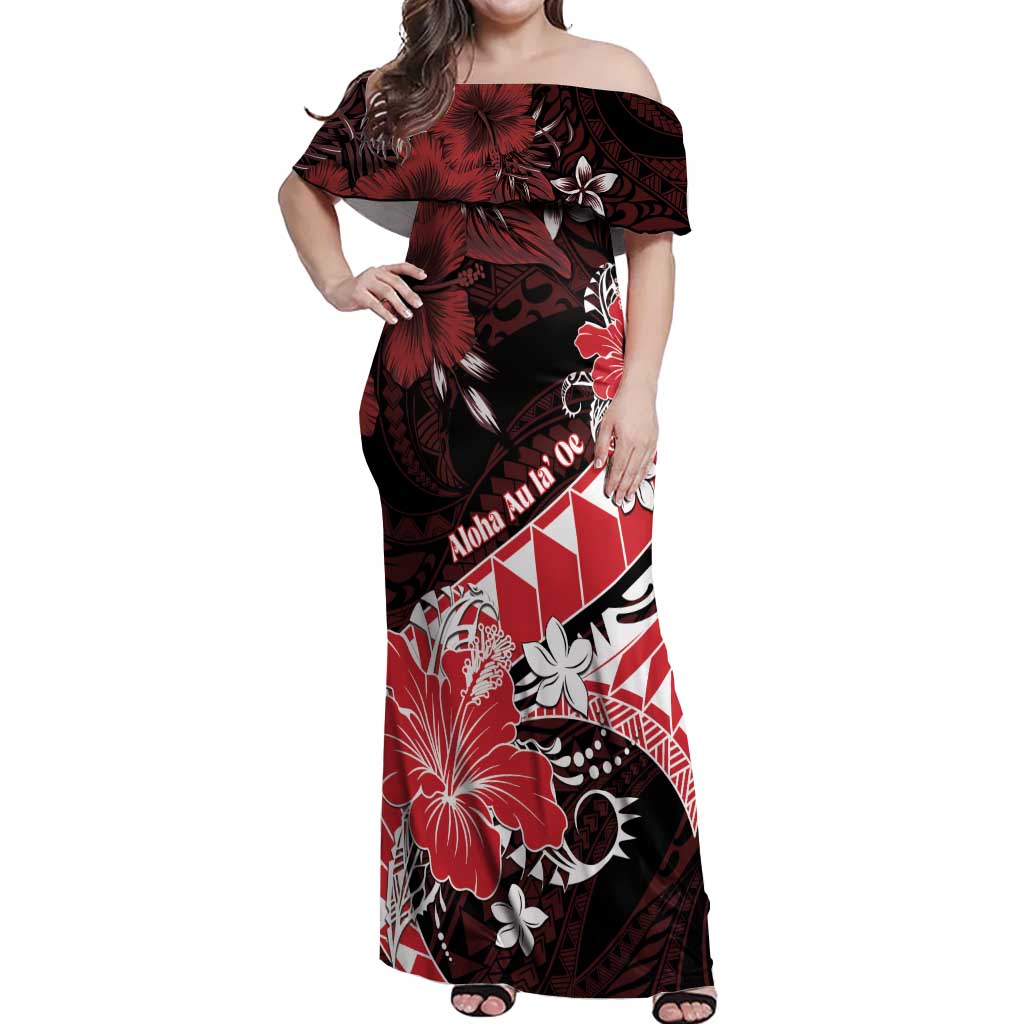 Personalised Hawaii Valentine Day Off Shoulder Maxi Dress Polynesian Hibiscus Art Style Red