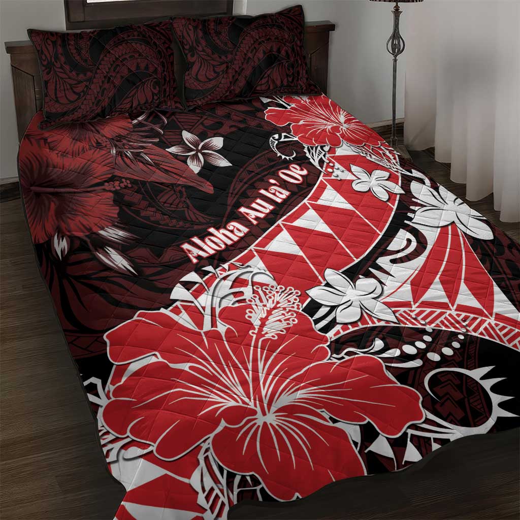 Hawaii Valentine Day Quilt Bed Set Polynesian Hibiscus Art Style Red