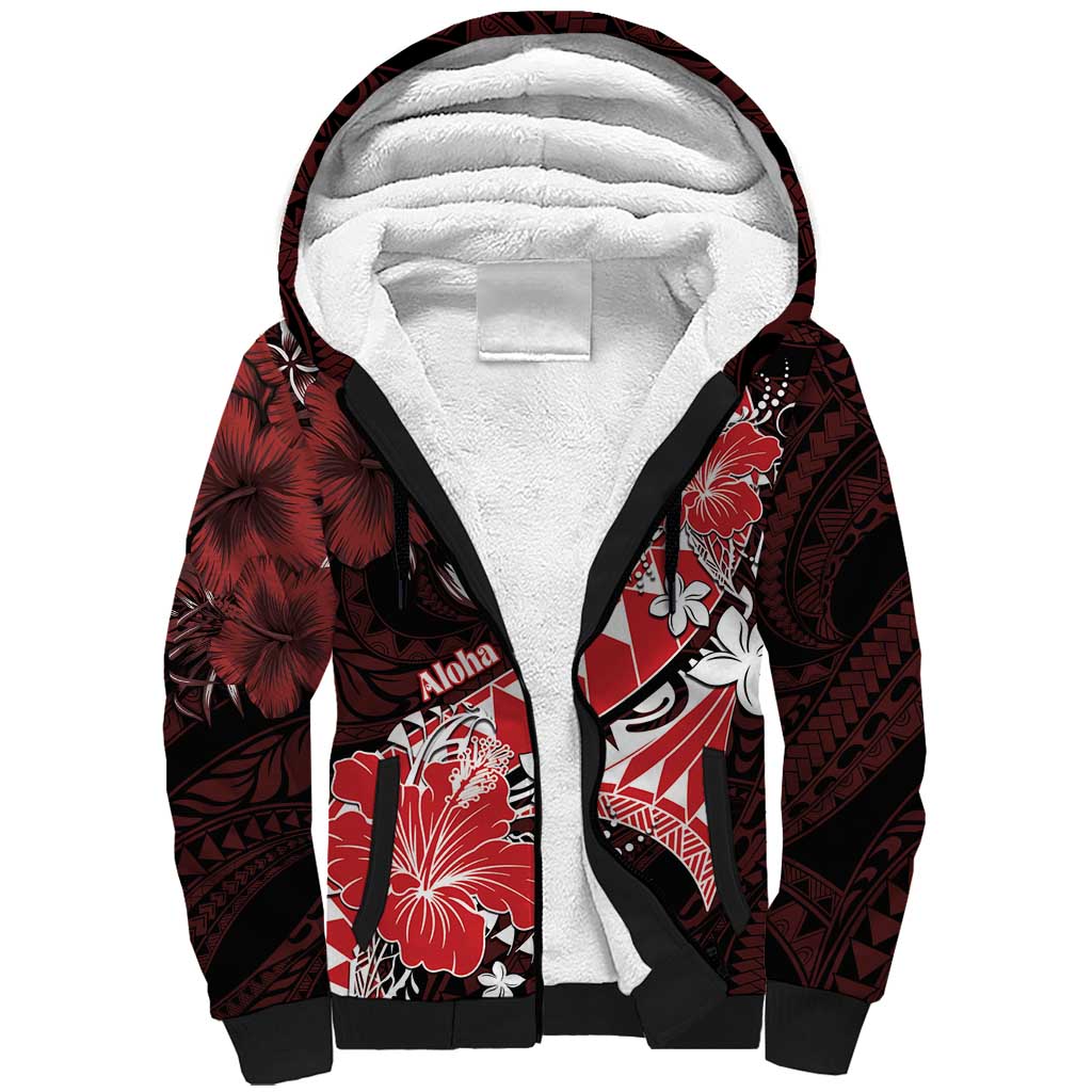 Personalised Hawaii Valentine Day Sherpa Hoodie Polynesian Hibiscus Art Style Red