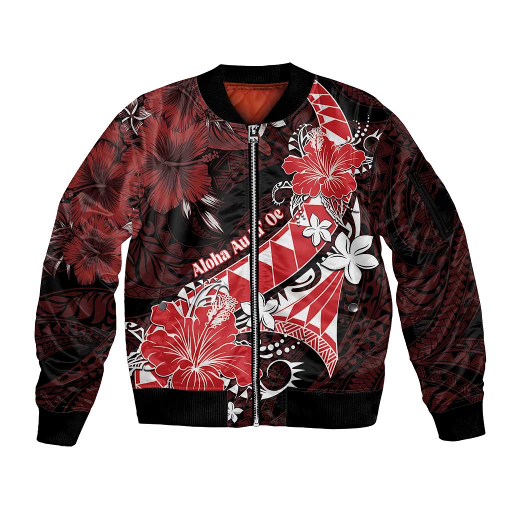 Personalised Hawaii Valentine Day Sleeve Zip Bomber Jacket Polynesian Hibiscus Art Style Red