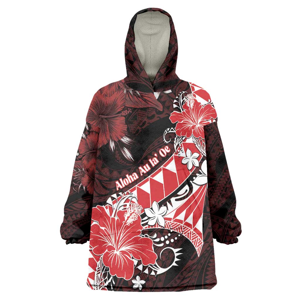 Personalised Hawaii Valentine Day Wearable Blanket Hoodie Polynesian Hibiscus Art Style Red