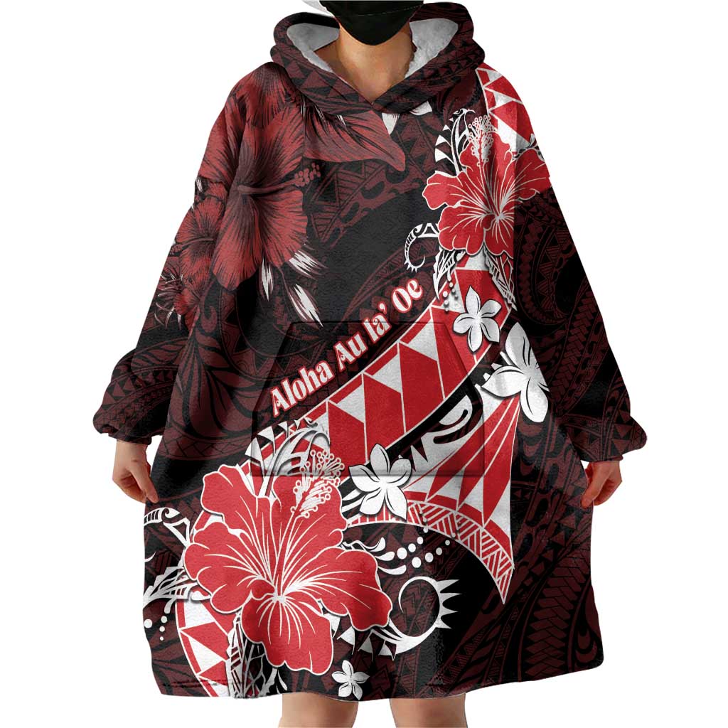 Personalised Hawaii Valentine Day Wearable Blanket Hoodie Polynesian Hibiscus Art Style Red