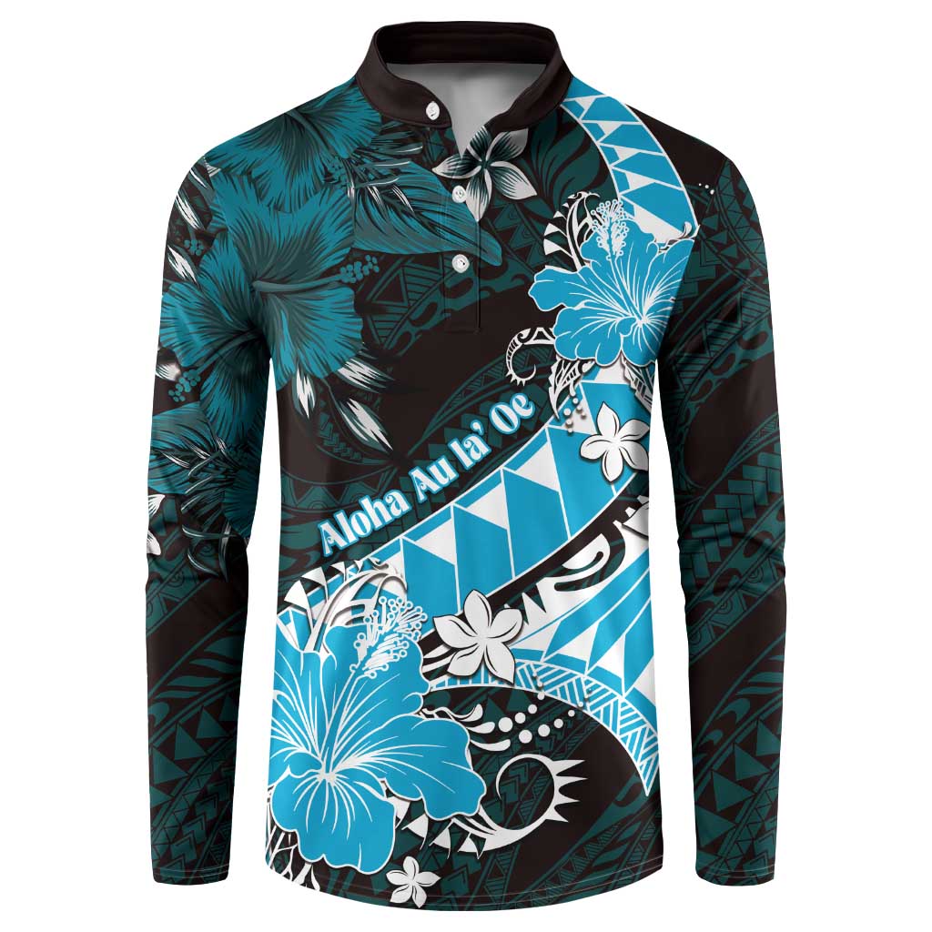 Personalised Hawaii Valentine Day Button Sweatshirt Polynesian Hibiscus Art Style Turquoise