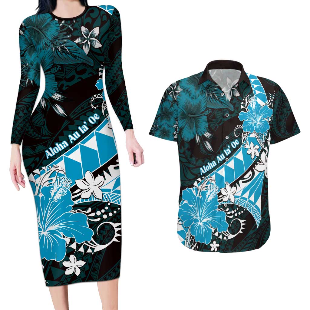 Personalised Hawaii Valentine Day Couples Matching Long Sleeve Bodycon Dress and Hawaiian Shirt Polynesian Hibiscus Art Style Turquoise