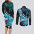 Personalised Hawaii Valentine Day Couples Matching Long Sleeve Bodycon Dress and Long Sleeve Button Shirt Polynesian Hibiscus Art Style Turquoise