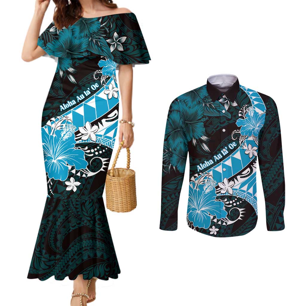 Personalised Hawaii Valentine Day Couples Matching Mermaid Dress and Long Sleeve Button Shirt Polynesian Hibiscus Art Style Turquoise