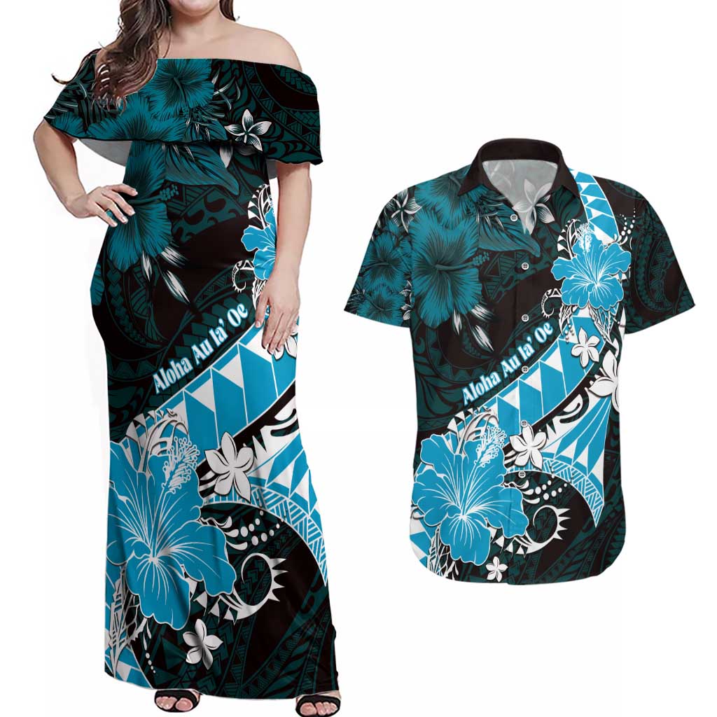 Personalised Hawaii Valentine Day Couples Matching Off Shoulder Maxi Dress and Hawaiian Shirt Polynesian Hibiscus Art Style Turquoise