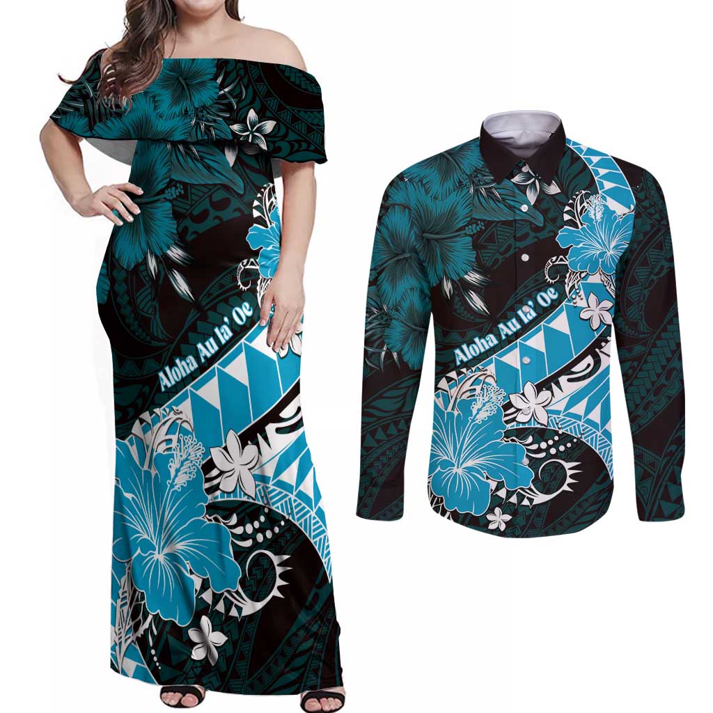 Personalised Hawaii Valentine Day Couples Matching Off Shoulder Maxi Dress and Long Sleeve Button Shirt Polynesian Hibiscus Art Style Turquoise