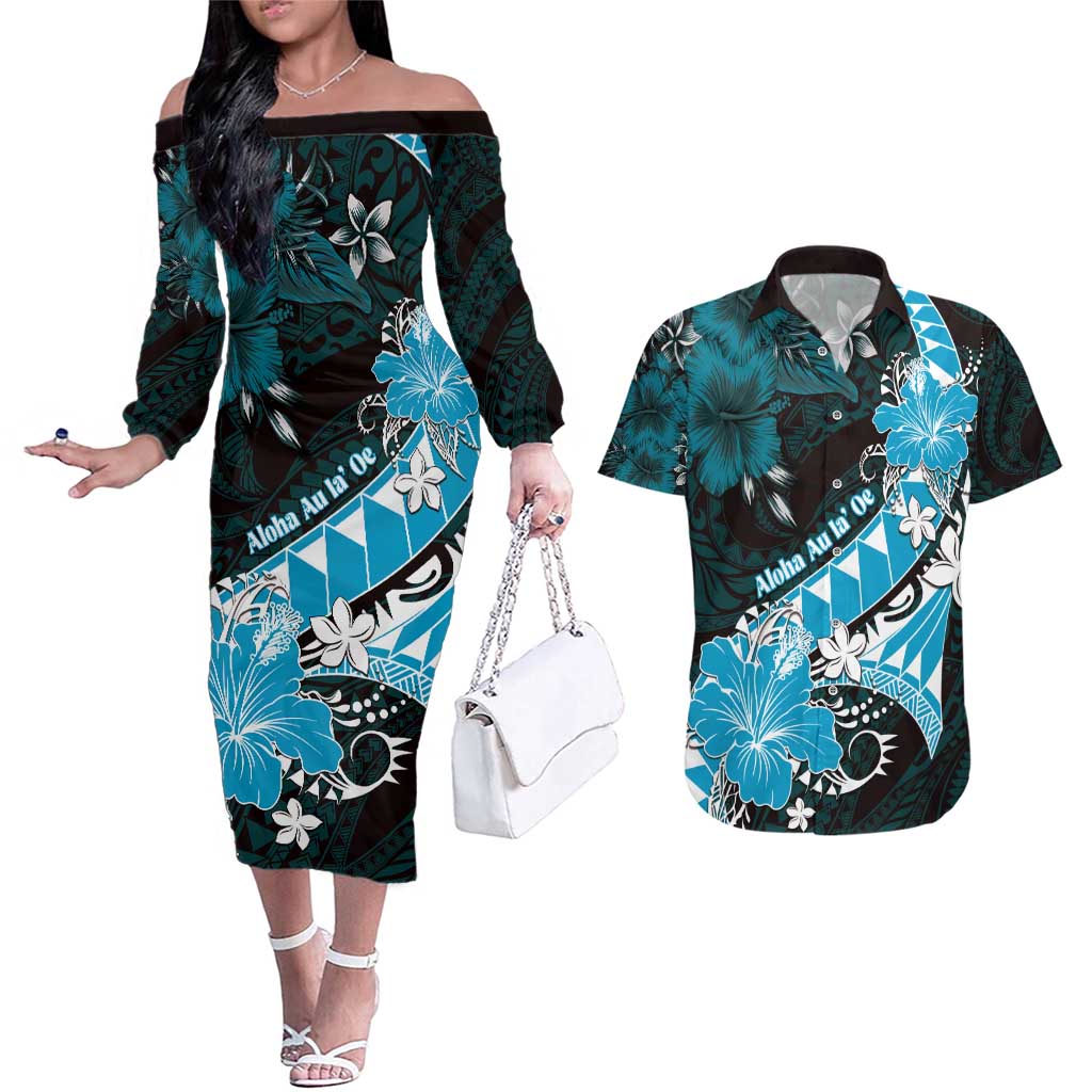 Personalised Hawaii Valentine Day Couples Matching Off The Shoulder Long Sleeve Dress and Hawaiian Shirt Polynesian Hibiscus Art Style Turquoise