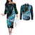 Personalised Hawaii Valentine Day Couples Matching Off The Shoulder Long Sleeve Dress and Long Sleeve Button Shirt Polynesian Hibiscus Art Style Turquoise