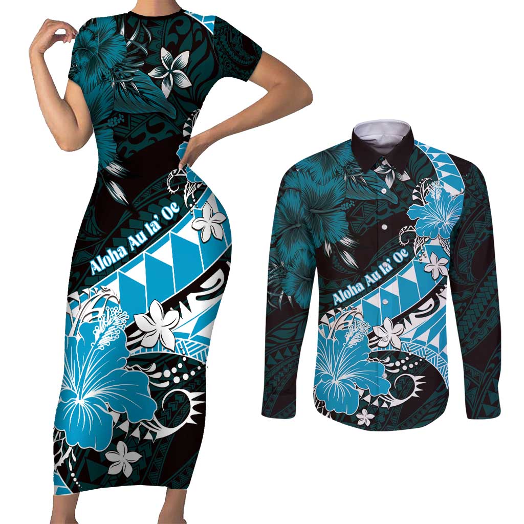 Personalised Hawaii Valentine Day Couples Matching Short Sleeve Bodycon Dress and Long Sleeve Button Shirt Polynesian Hibiscus Art Style Turquoise