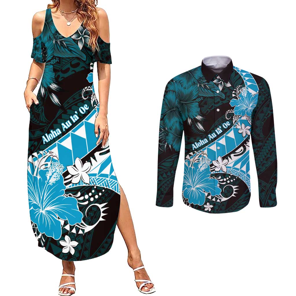 Personalised Hawaii Valentine Day Couples Matching Summer Maxi Dress and Long Sleeve Button Shirt Polynesian Hibiscus Art Style Turquoise