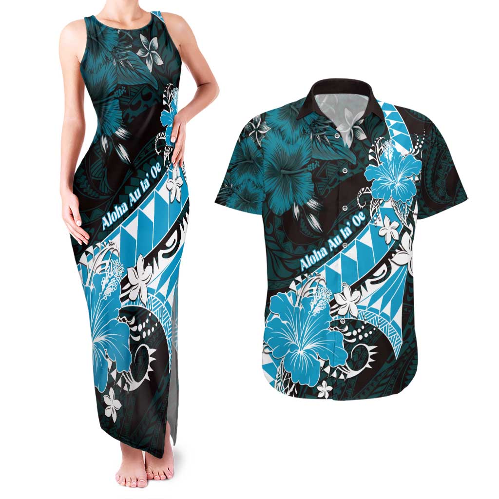 Personalised Hawaii Valentine Day Couples Matching Tank Maxi Dress and Hawaiian Shirt Polynesian Hibiscus Art Style Turquoise