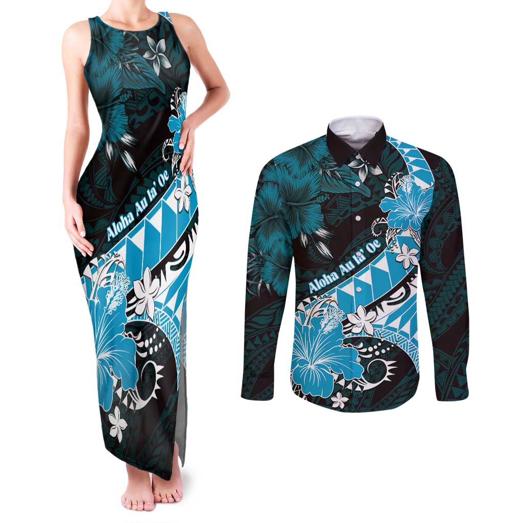 Personalised Hawaii Valentine Day Couples Matching Tank Maxi Dress and Long Sleeve Button Shirt Polynesian Hibiscus Art Style Turquoise