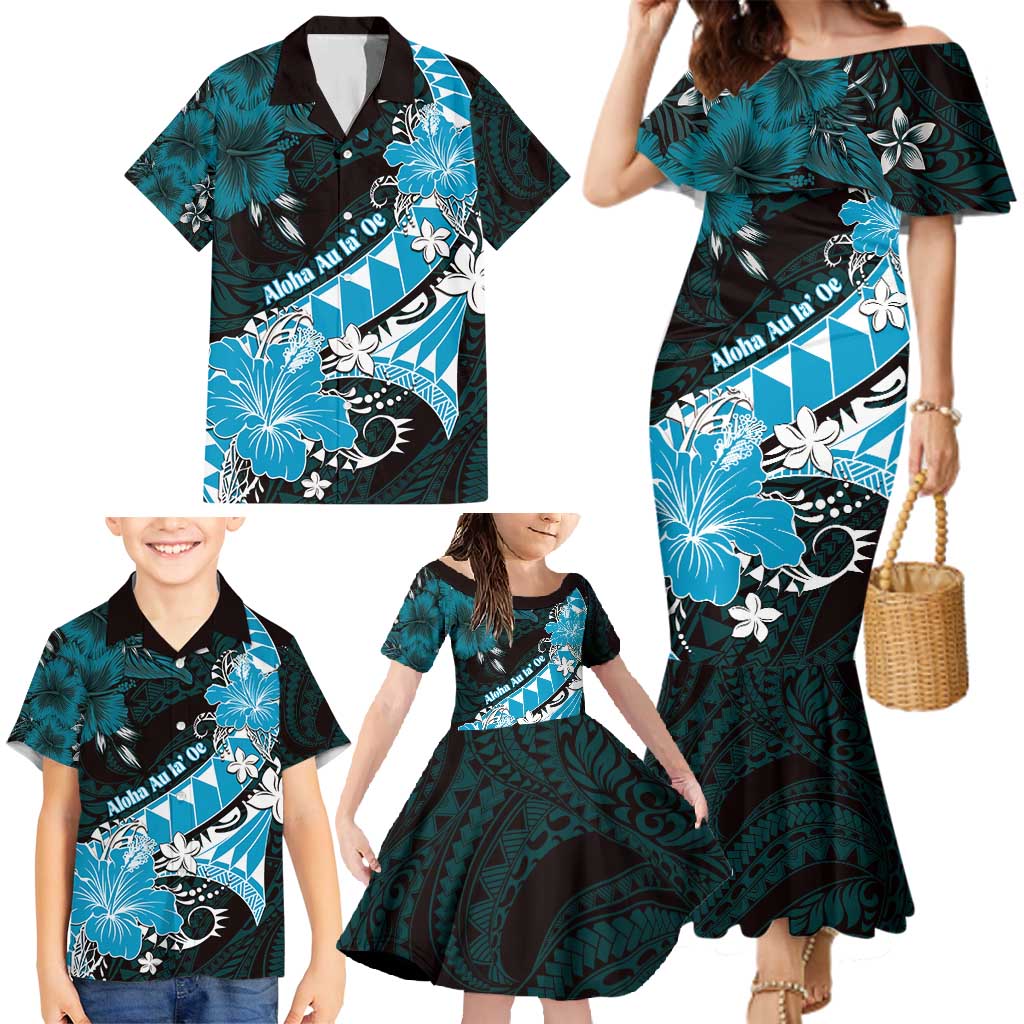 Personalised Hawaii Valentine Day Family Matching Mermaid Dress and Hawaiian Shirt Polynesian Hibiscus Art Style Turquoise