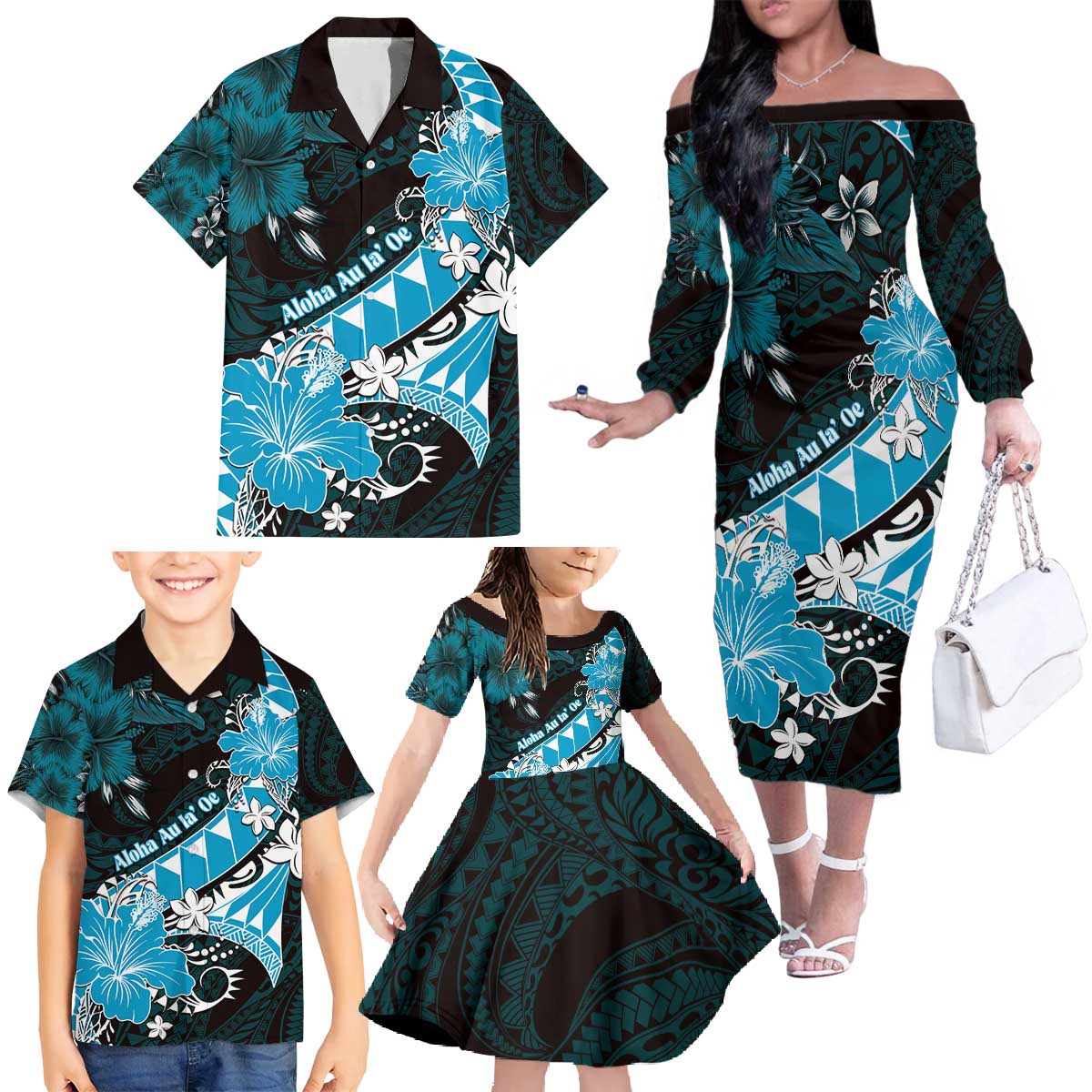 Personalised Hawaii Valentine Day Family Matching Off The Shoulder Long Sleeve Dress and Hawaiian Shirt Polynesian Hibiscus Art Style Turquoise