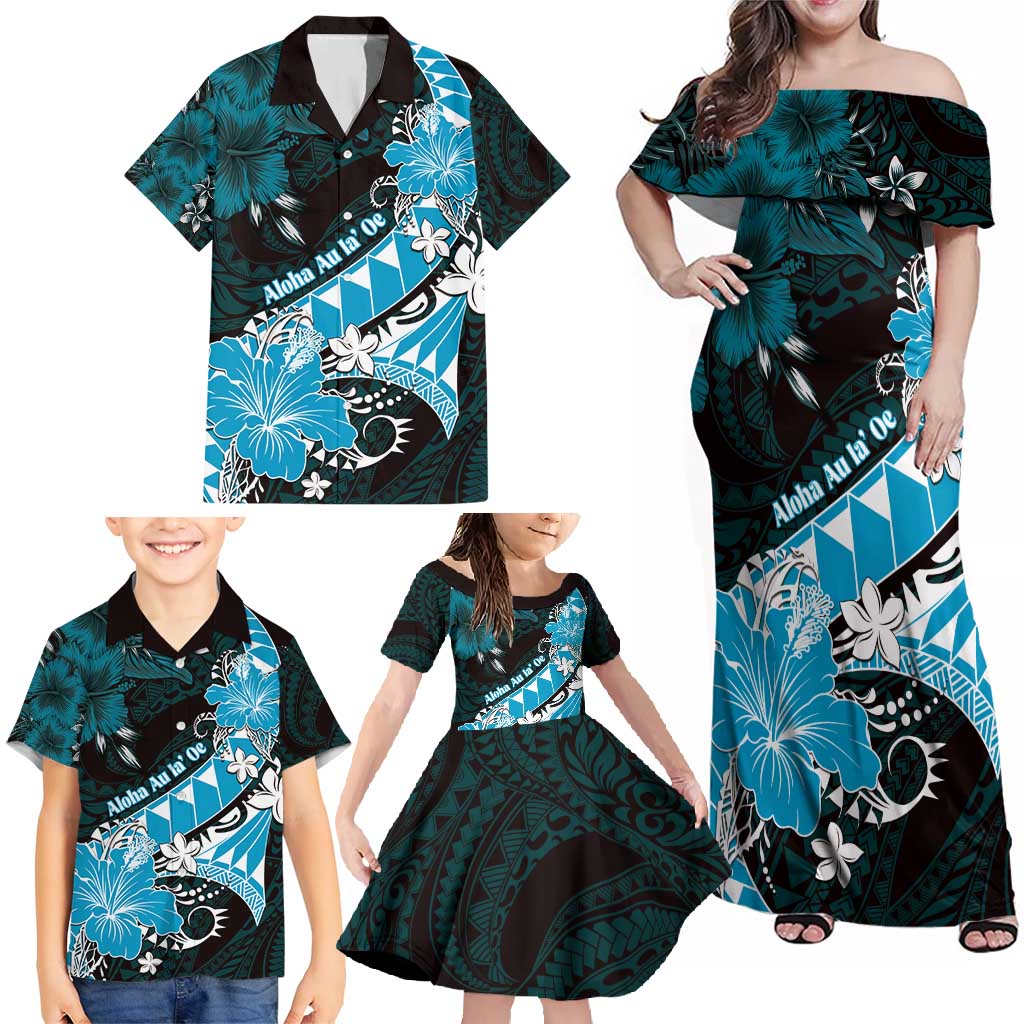 Personalised Hawaii Valentine Day Family Matching Off Shoulder Maxi Dress and Hawaiian Shirt Polynesian Hibiscus Art Style Turquoise