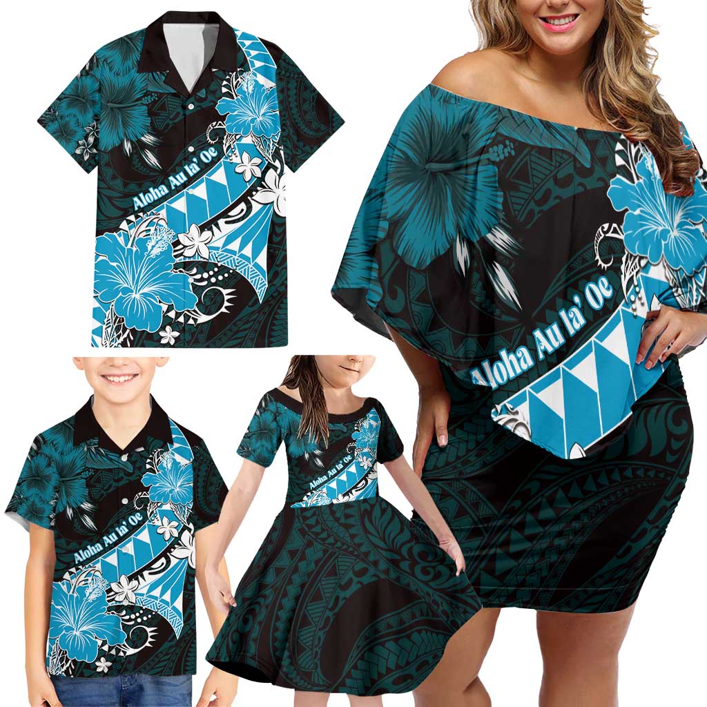 Personalised Hawaii Valentine Day Family Matching Off Shoulder Short Dress and Hawaiian Shirt Polynesian Hibiscus Art Style Turquoise