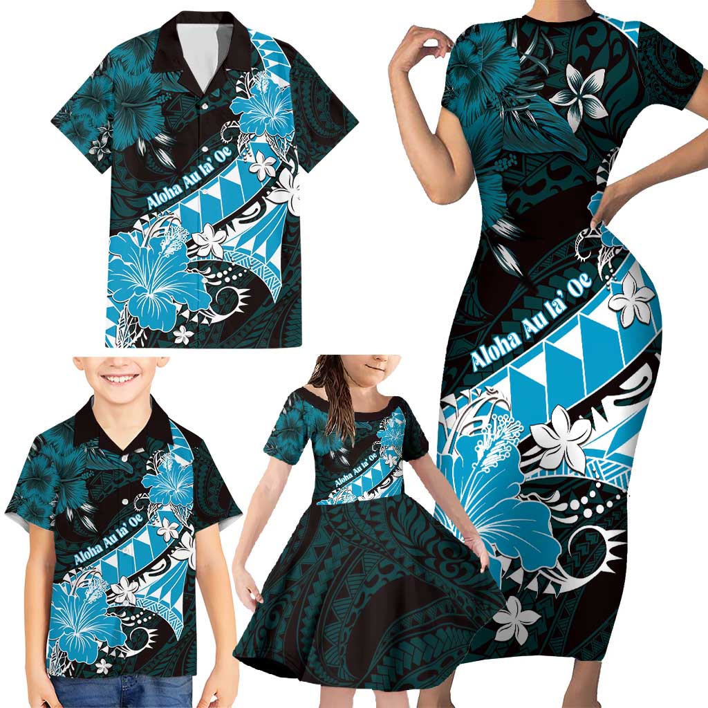 Personalised Hawaii Valentine Day Family Matching Short Sleeve Bodycon Dress and Hawaiian Shirt Polynesian Hibiscus Art Style Turquoise