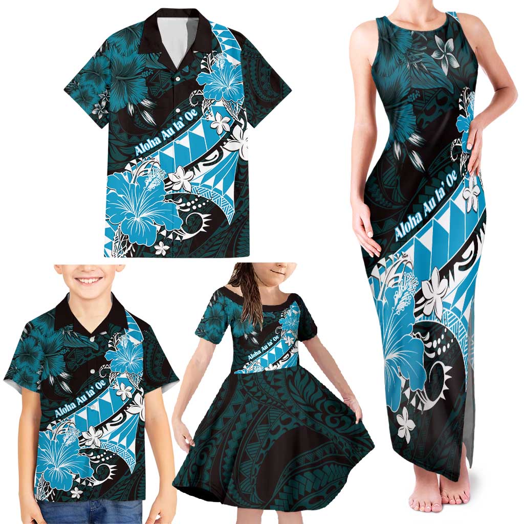 Personalised Hawaii Valentine Day Family Matching Tank Maxi Dress and Hawaiian Shirt Polynesian Hibiscus Art Style Turquoise