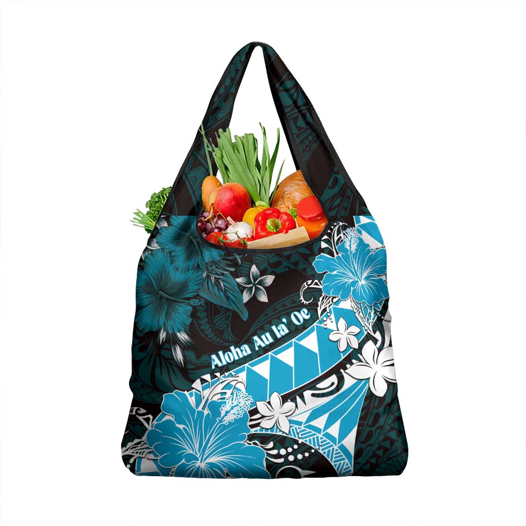 Hawaii Valentine Day Grocery Bag Polynesian Hibiscus Art Style Turquoise