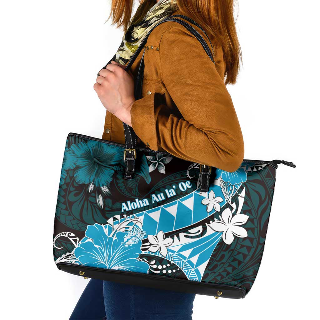 Hawaii Valentine Day Leather Tote Bag Polynesian Hibiscus Art Style Turquoise LT05 Turquoise - Polynesian Pride