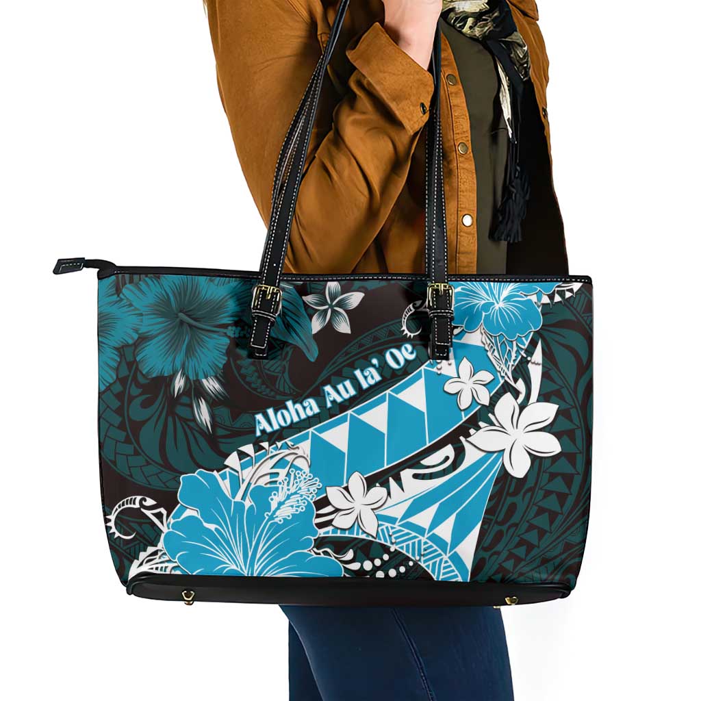 Hawaii Valentine Day Leather Tote Bag Polynesian Hibiscus Art Style Turquoise LT05 - Polynesian Pride