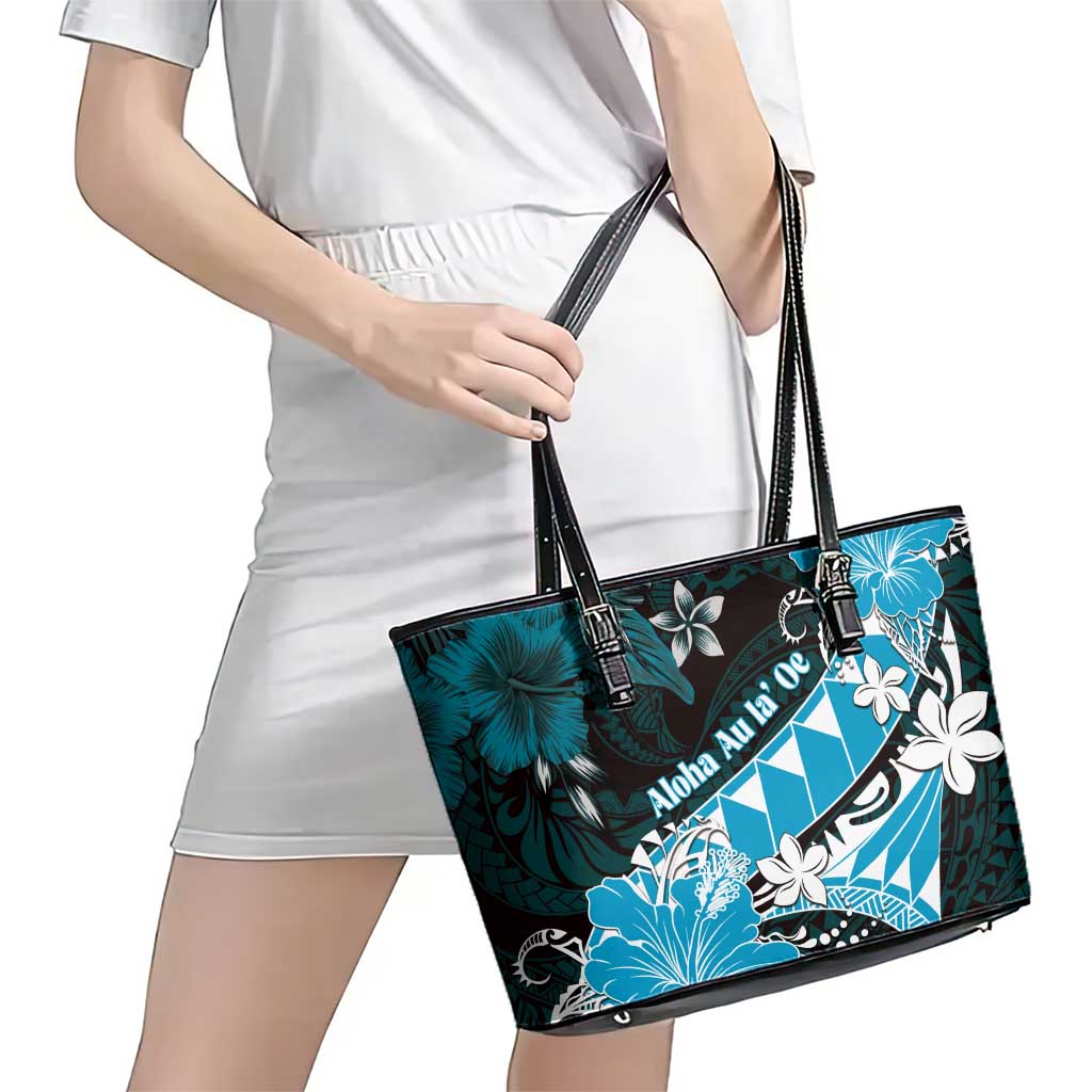 Hawaii Valentine Day Leather Tote Bag Polynesian Hibiscus Art Style Turquoise LT05 - Polynesian Pride