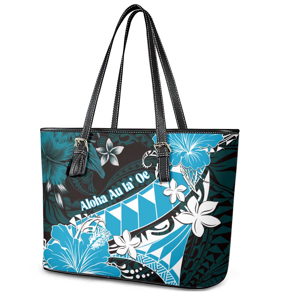 Hawaii Valentine Day Leather Tote Bag Polynesian Hibiscus Art Style Turquoise LT05 - Polynesian Pride