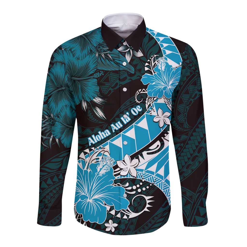 Personalised Hawaii Valentine Day Long Sleeve Button Shirt Polynesian Hibiscus Art Style Turquoise