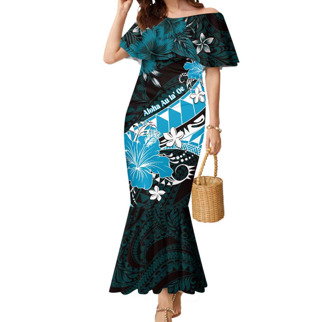 Personalised Hawaii Valentine Day Mermaid Dress Polynesian Hibiscus Art Style Turquoise