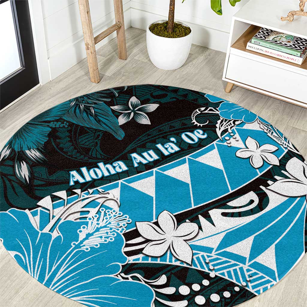 Hawaii Valentine Day Round Carpet Polynesian Hibiscus Art Style Turquoise