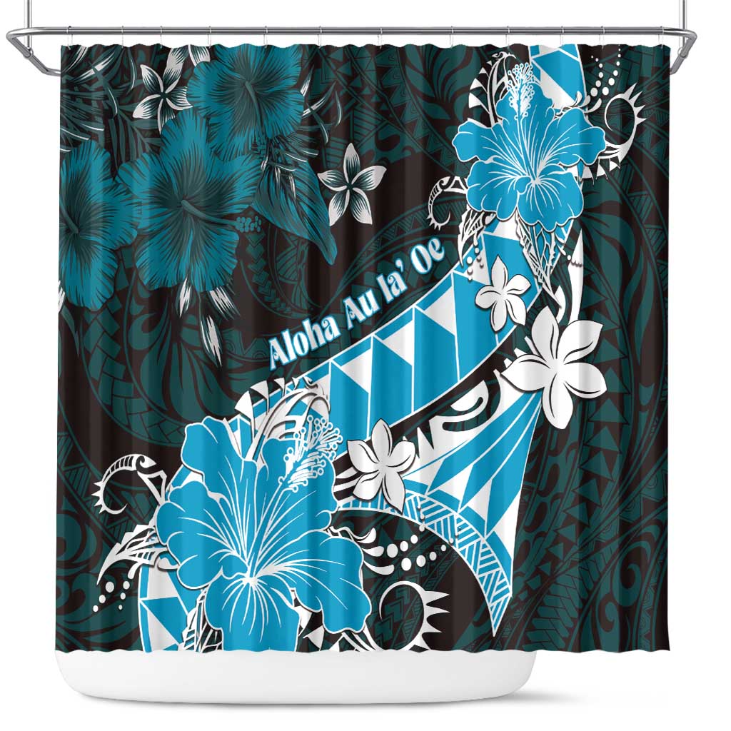 Hawaii Valentine Day Shower Curtain Polynesian Hibiscus Art Style Turquoise