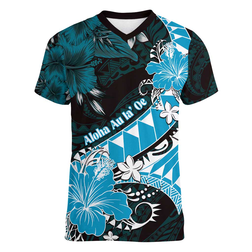 Personalised Hawaii Valentine Day Women V-Neck T-Shirt Polynesian Hibiscus Art Style Turquoise