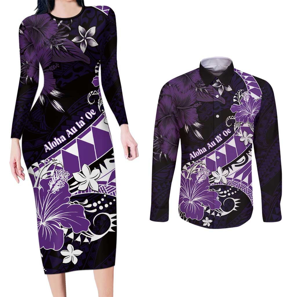 Personalised Hawaii Valentine Day Couples Matching Long Sleeve Bodycon Dress and Long Sleeve Button Shirt Polynesian Hibiscus Art Style Purple