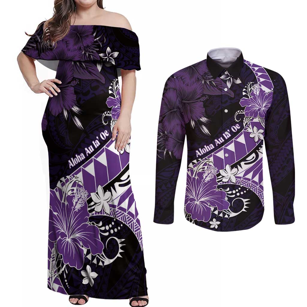 Personalised Hawaii Valentine Day Couples Matching Off Shoulder Maxi Dress and Long Sleeve Button Shirt Polynesian Hibiscus Art Style Purple