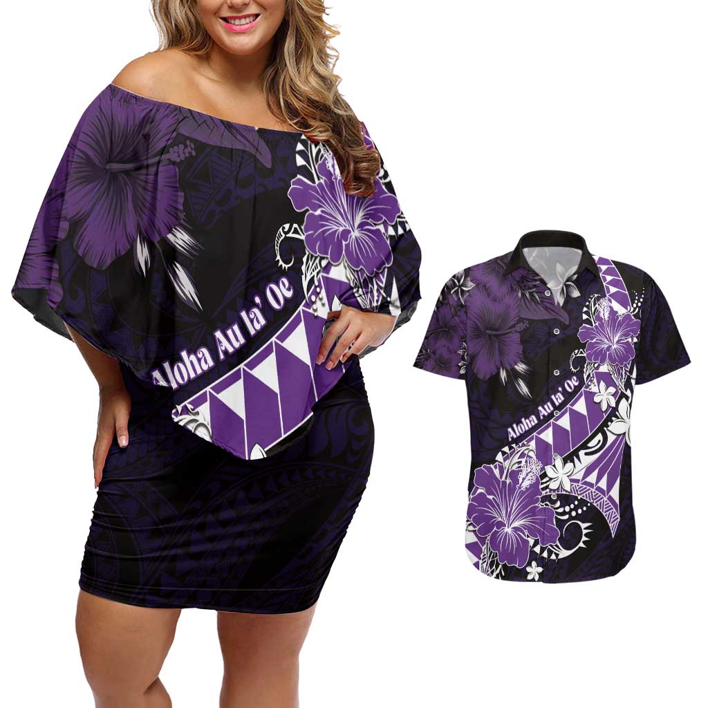 Personalised Hawaii Valentine Day Couples Matching Off Shoulder Short Dress and Hawaiian Shirt Polynesian Hibiscus Art Style Purple