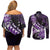 Personalised Hawaii Valentine Day Couples Matching Off Shoulder Short Dress and Long Sleeve Button Shirt Polynesian Hibiscus Art Style Purple