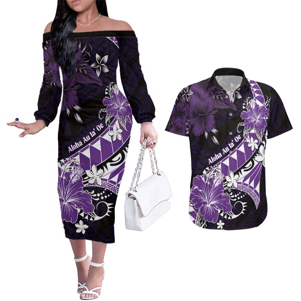 Personalised Hawaii Valentine Day Couples Matching Off The Shoulder Long Sleeve Dress and Hawaiian Shirt Polynesian Hibiscus Art Style Purple