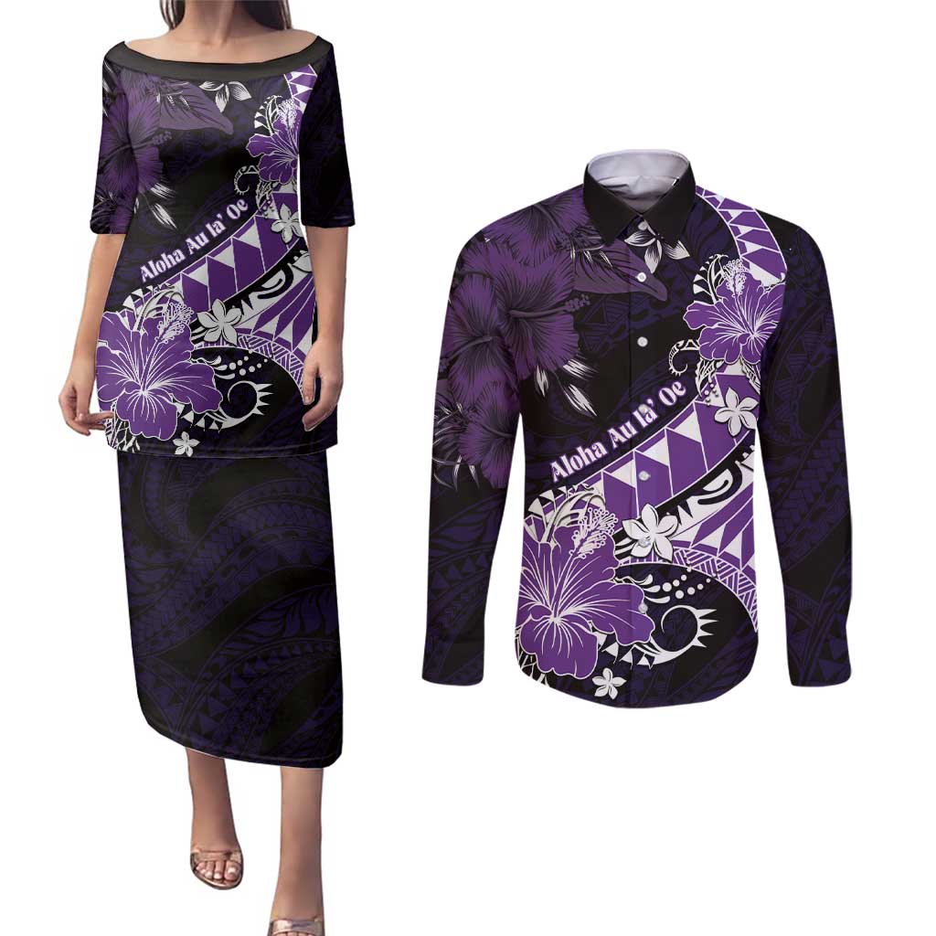 Personalised Hawaii Valentine Day Couples Matching Puletasi and Long Sleeve Button Shirt Polynesian Hibiscus Art Style Purple