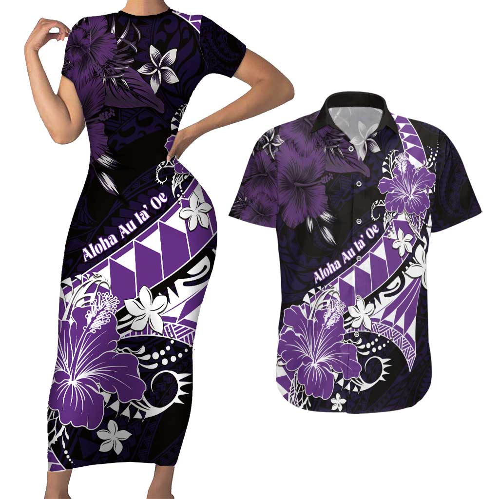 Personalised Hawaii Valentine Day Couples Matching Short Sleeve Bodycon Dress and Hawaiian Shirt Polynesian Hibiscus Art Style Purple