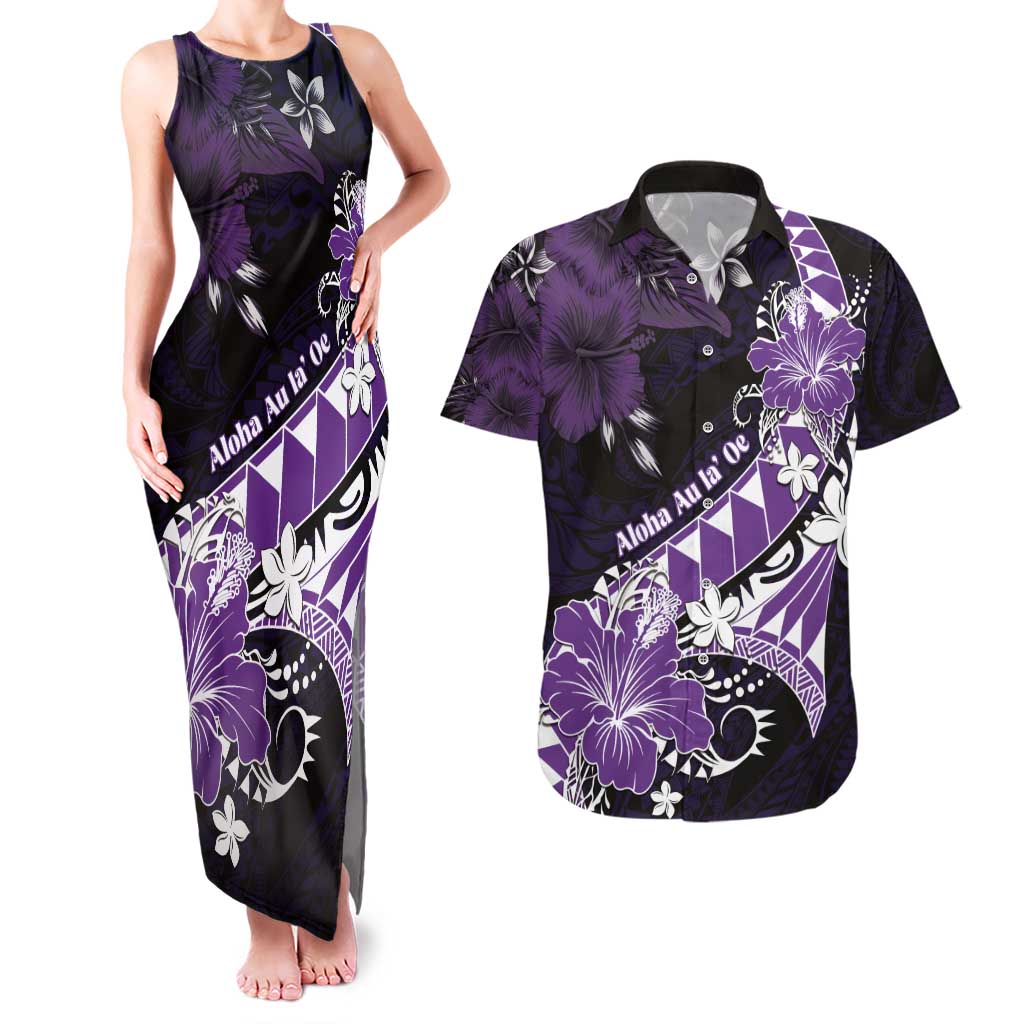 Personalised Hawaii Valentine Day Couples Matching Tank Maxi Dress and Hawaiian Shirt Polynesian Hibiscus Art Style Purple