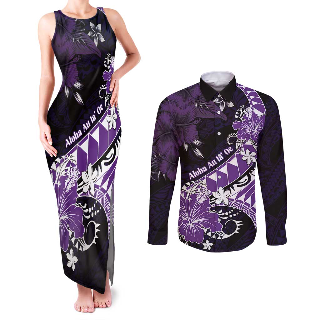 Personalised Hawaii Valentine Day Couples Matching Tank Maxi Dress and Long Sleeve Button Shirt Polynesian Hibiscus Art Style Purple